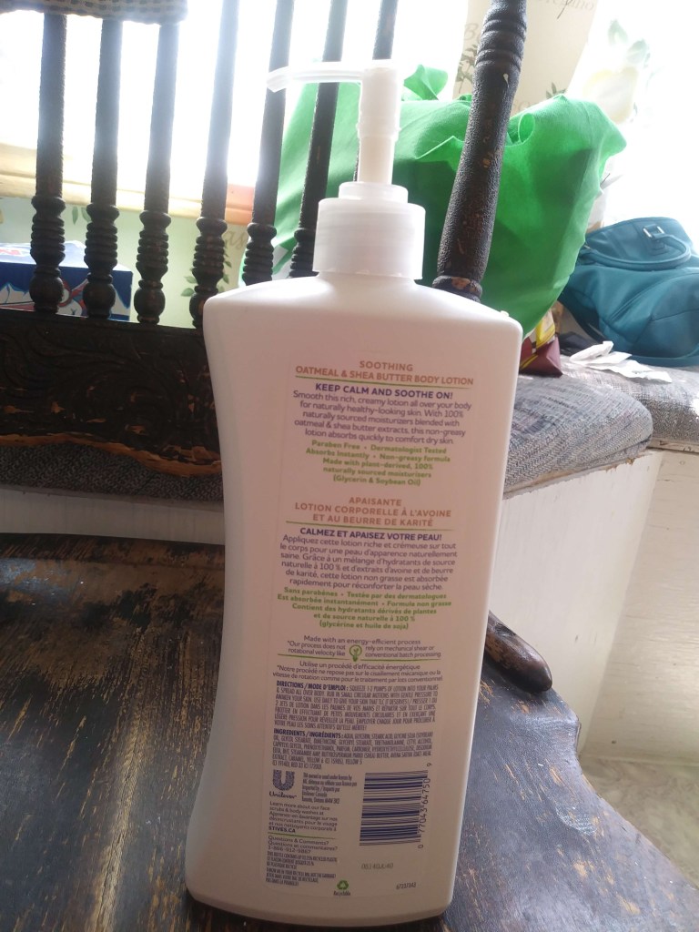 Back of the St. Ives bottle. White, with blue, green, and beige text.