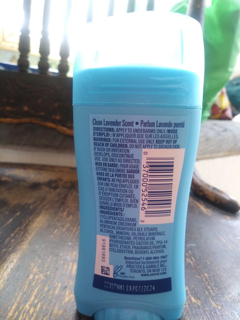Back of the Secret pH balanced deodorant container.
